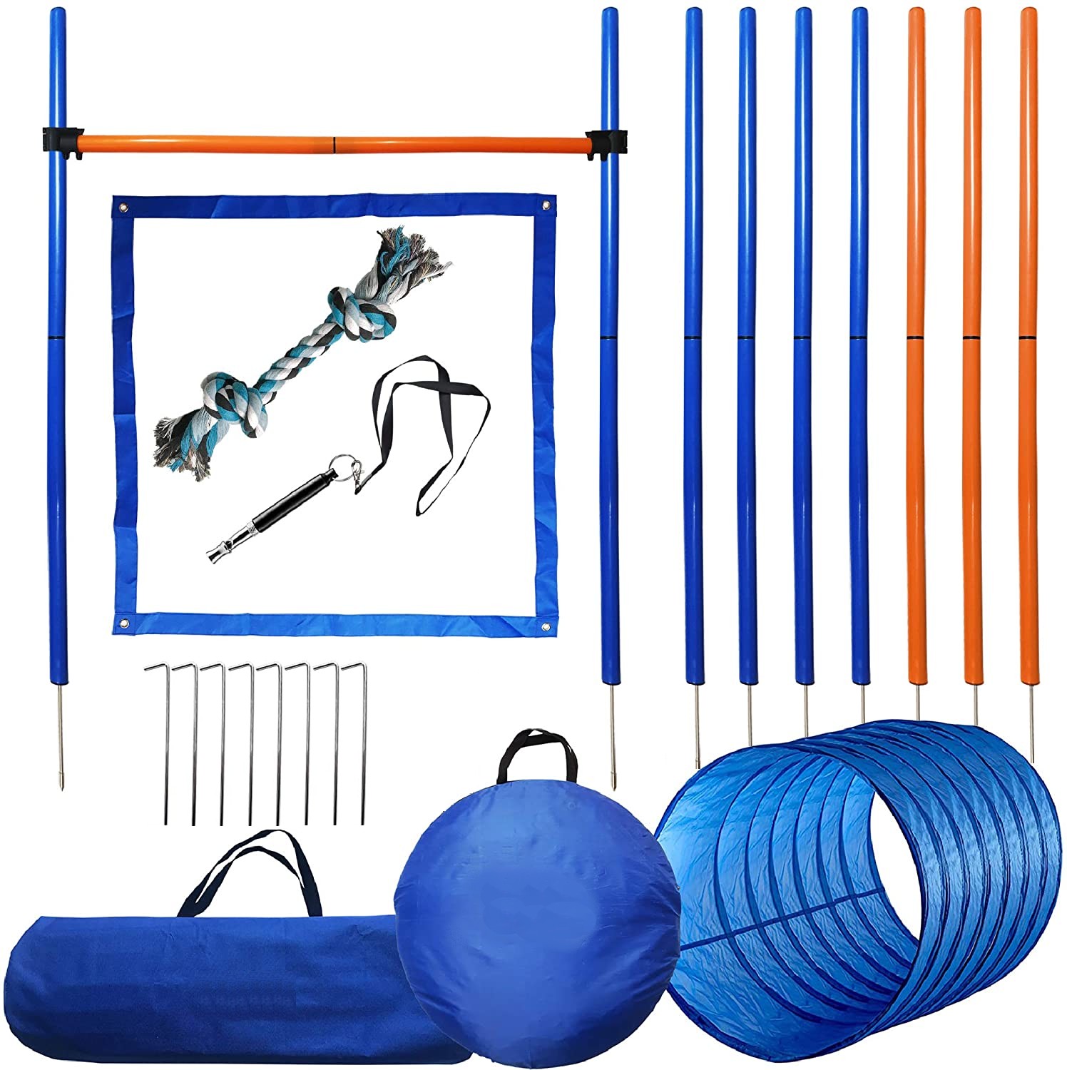 Sports Equipment Kit - ชุดอุปกรณ์ฝึกความคล่องตัวสำหรับสุนัขสัตว์เลี้ยงชุดอุปกรณ์อุปกรณ์ฝึกสิ่งกีดขวางแท่งฝึกความคล่องตัวของสุนัขกระโดดวิ่งสิ่งกีดขวาง7ชิ้น60ซม. อุโมงค์ฝึกวิ่ง
